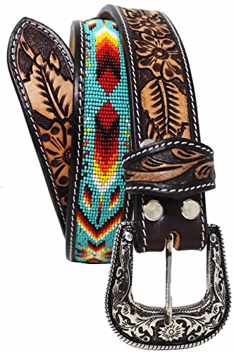 Unisex 1.5" Western Floral Tooled Beaded Full-Grain Leather Belt 26RT482
