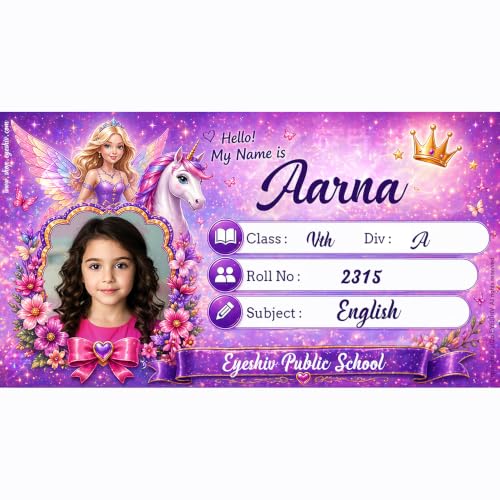 Image of EYESHIV Unicon Purple Theme Customized Name Slip Stickers with Your Kids Photo School Books, 30 Pcs (Purple)