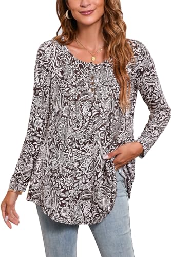 Enmain Tunique Femme Manches Longues Grande Taille Tunique Hauts pour Leggings Longue Col en V Tunique Chemisier Ample T-Shirt Boutons Imprimé Floral...