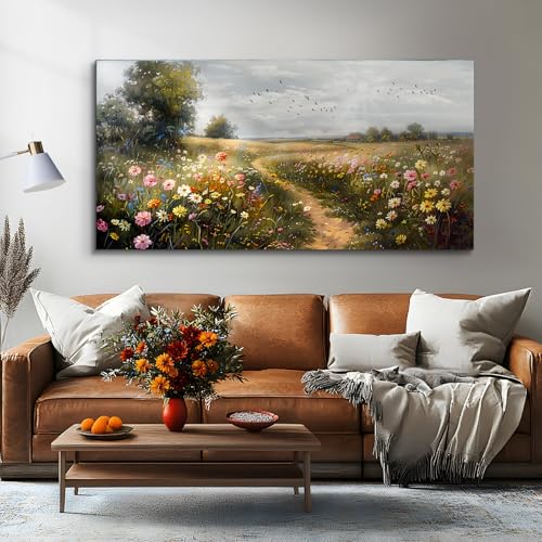 SERIMINO Large Wall Art for Living Room, Countryside Path Landscape Wall Decor, Wildflowers Meadow Canvas Prints, Natural Scenery Modern Pictures Home Decor Farmhouse Kitchen Dining Room 30"X60"