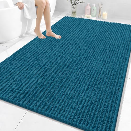 Image of OLANLY Bathroom Rug Mat 70x46, Thick Soft and Absorbent Chenille Bath Mat, Non-Slip Rubber Backing, Machine Washable Quick Dry Bath Rugs for Tub Shower Floor, Home Decor Accessories, Peacock Blue