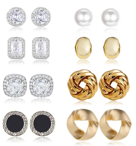 8 Pairs Stud Earrings Set for Women Cubic Zirconia Halo Studs Gold Knot Twist Stud Earrings Faux Pearl Simple Post Earrings for Women