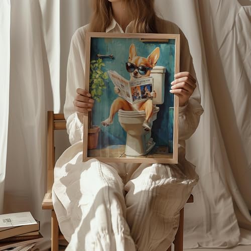 Image of Chihuahua on Toilet Wood Framed Wall Art Print Poster, Dog Bathroom Humor Decor Posters Prints for Restroom Home Picture Painting Artwork Gallery 7 (Chihuahua, 10 inchL x 8 inchW Wood Frame)