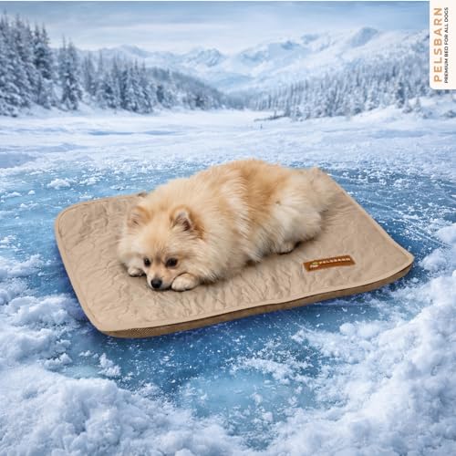 Pelsbarn Dog Cooling Mat- Ice Silk Summer Comfort Self Cooling Non-Slip Dog Pad Durable & Washable Mat for Extra Small Dogs 15 x 19 Support Shelter Dogs with Every Purchase (Beige)