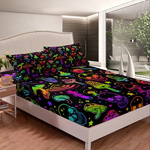 Erosebridal Cute Mushroom Queen Sheets Death Skull Bed Sheets Boho Skull Skeleton Fitted Sheet Kawaii Neon Wild Fungus Sheet & Pillowcase Sets Colorful Glitter Stars Bedroom Decor 4 Piece Soft #TOP3