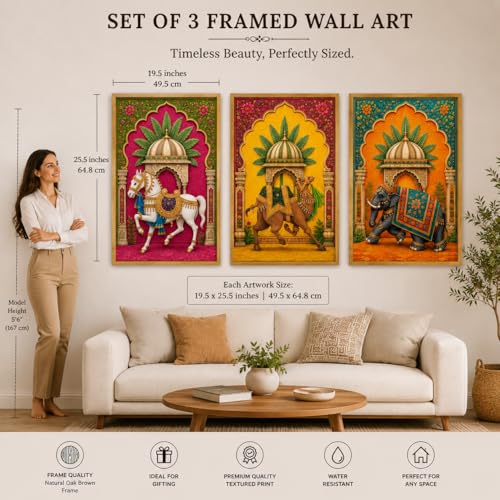 Image of Livin'luxe Set of 3 Royal Animal Palace Wall Paintings for Living Room Bedroom Hallway Decor with Premium Wooden Color Synthetic Frame (25.5 x 19.5 Inch) NM03-98