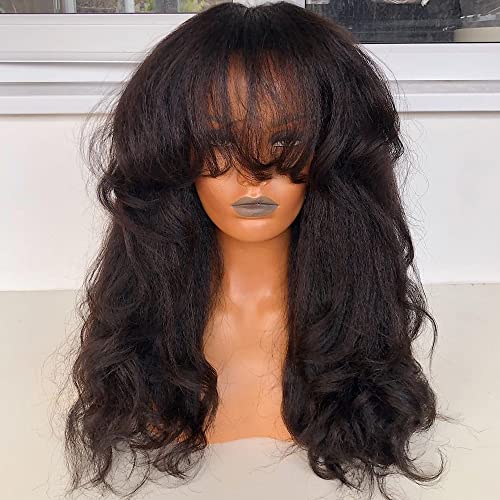 RHEANNA Kinky Yaki Wavy Bang Wig Human Hair 180 Density Brazilian Hair O Scalp Top Yaki Human Hair Wigs With Bangs For Black Women 18inch