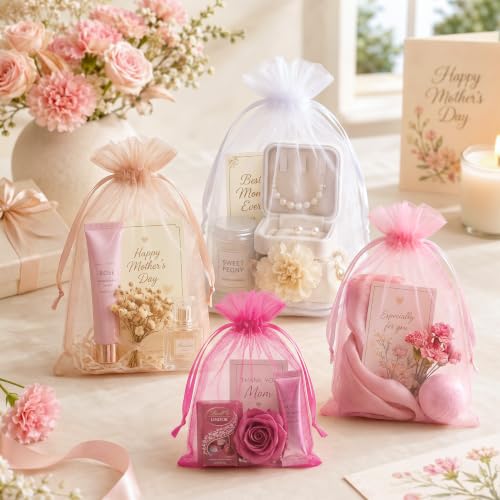 Image of FUNFERY 100PCS Pink Organza Gift Bags 5x7in,Drawstring Pouch for Jewelry