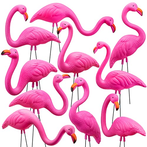 JOYIN 10 Pack Small Yard Flamingos Ornament Stakes Mini Pink Flamingo Yard Decorations Mini Lawn Plastic Flamingo Statue with Rubber Coating Metal Legs for Outdoor Garden Luau Party Gift (3-10IN)