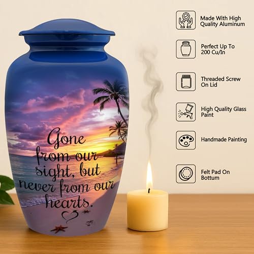 Image of Cremation Urn for Human Ashes Adult - Beach Sunset Printed Funeral Urn for Men & Women, Large Decorative Memorial Urn, Burial Urn with Velvet Bag, 200 Cu /in