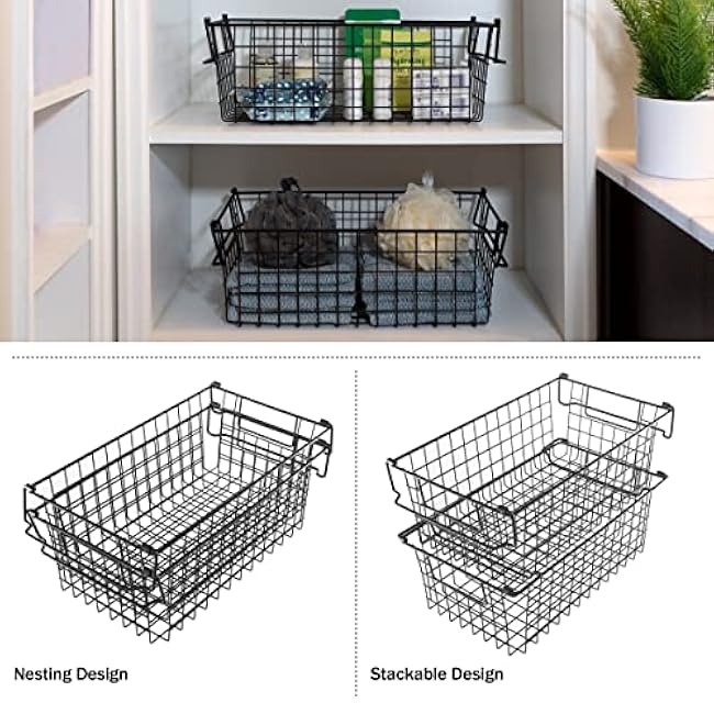 Home-Complete Set of 2 Storage Bins for Kitchen and Bathroom Organizer - Basket Set for Toy, Kitchen, Closet, and Bathroom Storage - Medium Shelf Organizers with Handles (Black)