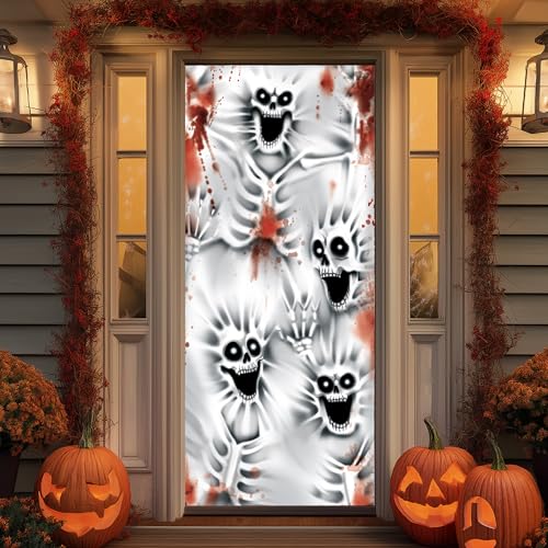 JOYIN - Capa de porta de esqueleto assustadora com design 3D de 80 x 180 cm para o Halloween, ideal para portas, janelas e paredes, decoração de interiores e exteriores.