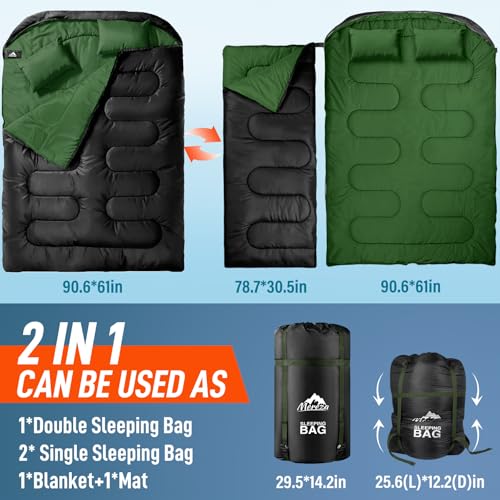 Image of MEREZA Double Sleeping Bag for Adults Mens with Pillow, XL Queen Size Two Person Sleeping Bag for All Season Camping Hiking Backpacking 2 Person Sleeping Bags for Cold Weather & Warm
