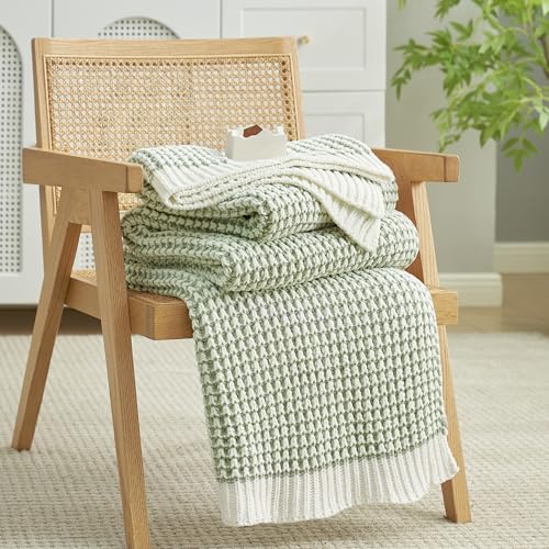 Amélie Home Waffle Chenille Throw Blanket for Couch, Pineapple Stitch Knit Soft Cozy Knit Blanket Decorative Throw for Sofa, Chair, 50"x60", Sage Green&Ivory
