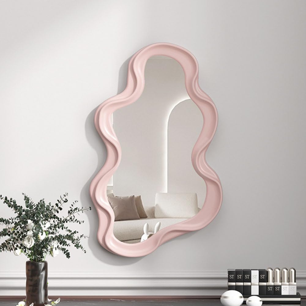 Irregular Frame Wall Hanging Mirror Decorative Mirror Makeup Mirror Vanity Mirror for Bathroom Living Room Bedroom (Pink)