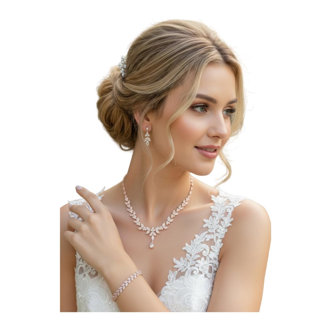 Zirkonia Brautschmuck Schmuckset Roségold – Collier, Ohrringe & Armband – edler Brautschmuck für Hochzeit, Ball & festliche Anlässe