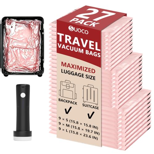 Image of Travel Vacuum Bags for Clothing with Cordless Pump 27 Combo, Pink | Compression Packing Cubes Organizer Storage for Luggage Suitcase, Space Saver Seal Bags for Vacation Cruise