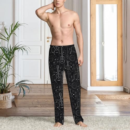 Mens Pajama Pants - Cool Black Guitar Print Soft Sleep Lounge Pants For Men, Casual Pj Bottoms With Pockets2