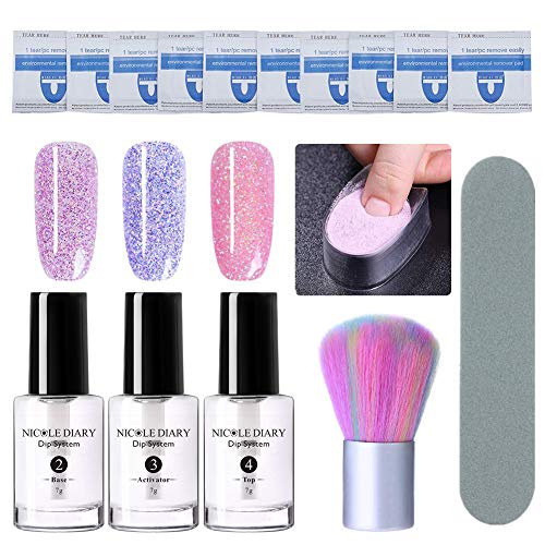 NICOLE DIARY dip nail powder Kit de démarrage pour les ongles Système de trempage en acrylique Kit de manucure pour ongles français avec lime à ongles, Brosse de nettoyage pour ongles