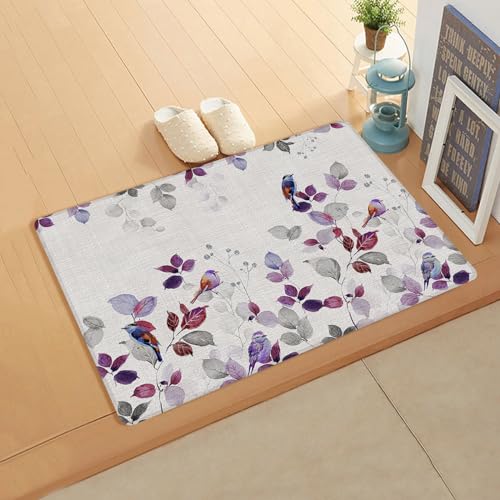 Eucalyptus Birds Kitchen Bath Door Mat Cushioned Runner Rug,Washable Welcome Floor Sink Antifatigue Mat,Waterproof & Non-Slip Comfort Standing Doormat,Farmhouse Gradual Purple Grey Leaves 18