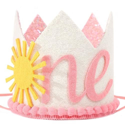 Boho Sunshine 1st Birthday Crown Hat - Girls' Party Decoration, Pink Baby Shower Glitter Hat