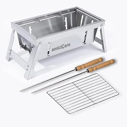 amiciCare Portable Barbecue Grill, Small Foldable Stainless Steel Charcoal Grill For Outdoor Cooking, Camping, Backyard Barbecue, Free Standing