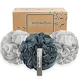 myHomeBody Large 70g Loofah Sponge, Body Scrubber, Bath Sponge, Loofah for Women, Men, Exfoliating Sponge Shower Pouf with Activated Charcoal - 2 Fog Gray + 1 Midnight Blue, 3 Pack