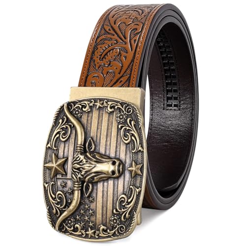 SANSTHS Western Cowboy Ratchet Belts for Men Women Leather Cowboy Belt with Automatic Western Buckle for Jeans Gifts Golden Bull/Brown