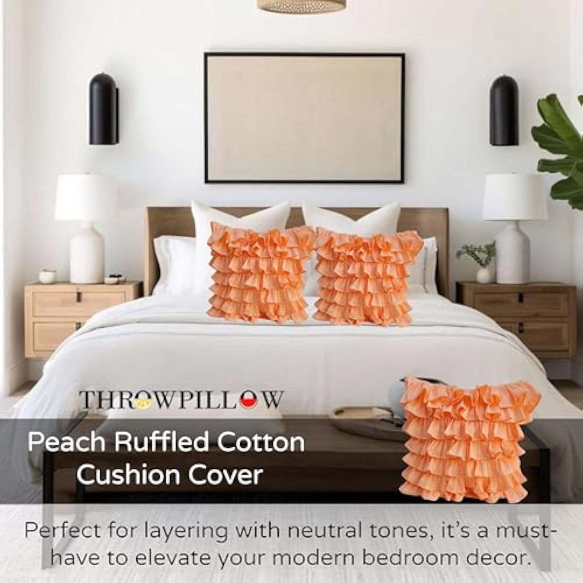 Peach Ruffled Cushion Cover, Soft Cotton Decorative Pillowcase