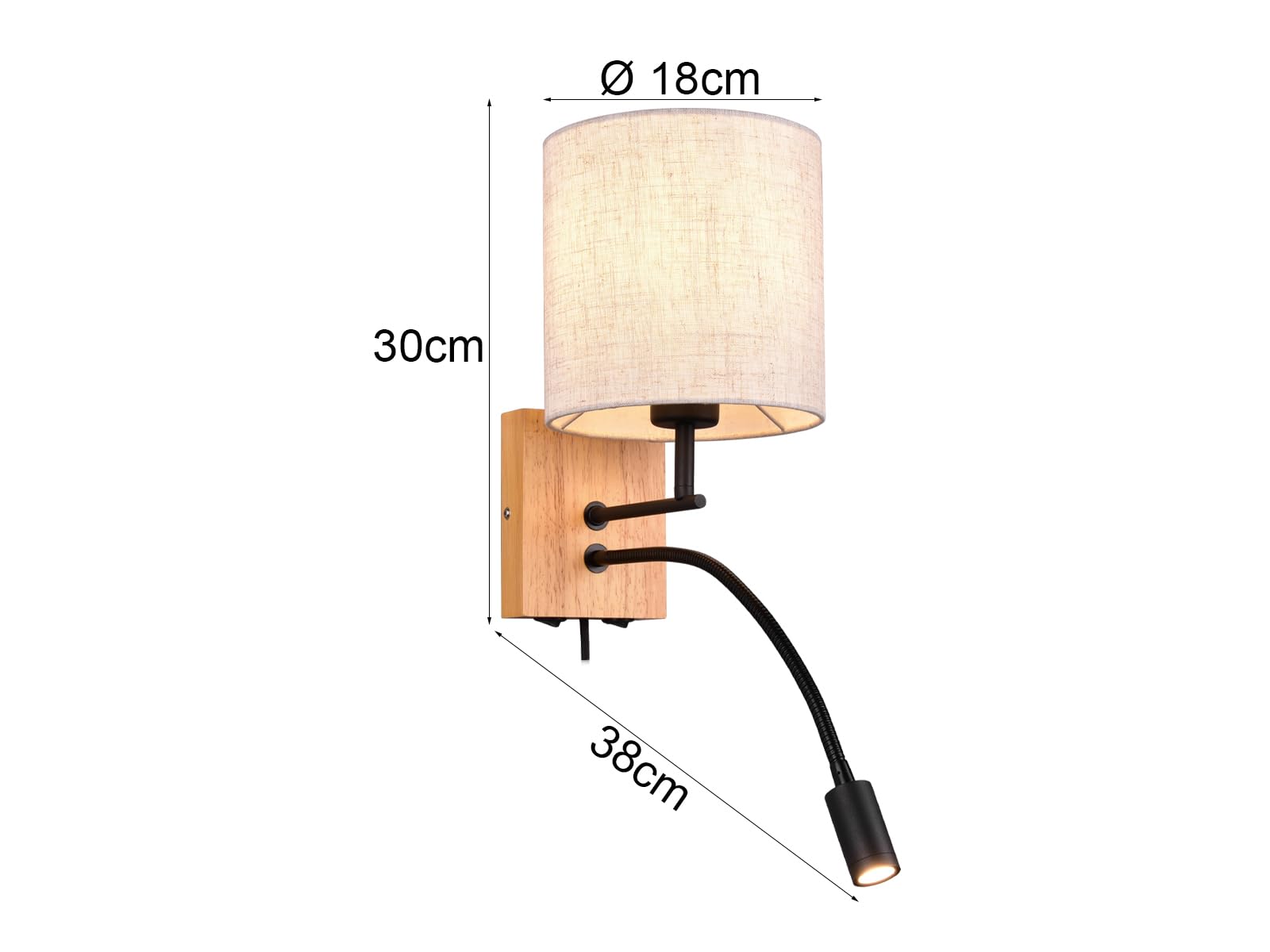Wandleuchte mit Leselampe, Schalter, Kabel und Stecker, Stoff Lampenschirm rund Leinen Beige, Wandplatte Holz, Höhe 30cm inkl. stufenweise dimmbarem E27 Leuchtmittel, Design skandinavisch