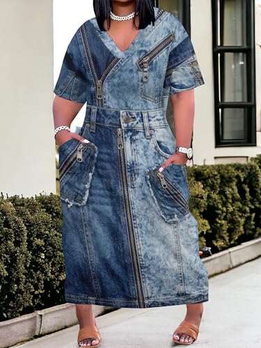 Image of SUZONANA Plus Size Denim Print Maxi Dresses for Women Casual V Neck Short Sleeve with Pockets Soft Jean Look Dress XL-6XL