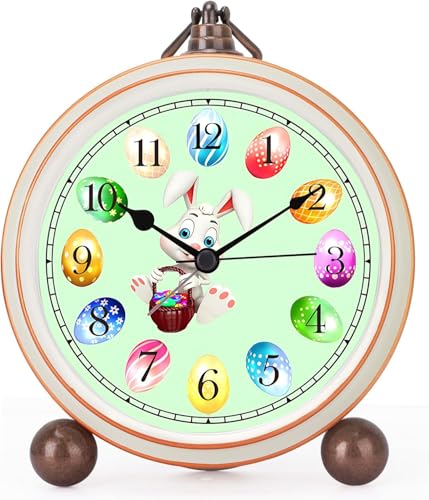 5.2in Cute Easter Egg Metal Table Clock, Quartz Movement Non-Ticking Small Alarm Clocks with Battery Operated, HD Glass Bunny Desk Clock for Bedroom Living Room (Bunny)