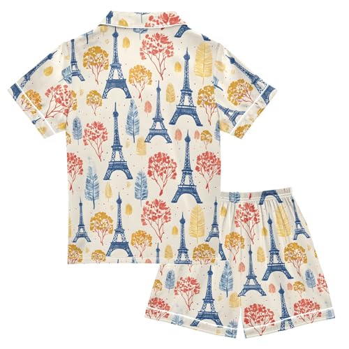 ALAZA Eiffel Tower Blossom Floral Tree Satin Pajamas Set Short Sleeve Button Down Sleepwear Summer Pjs 2 Piece2