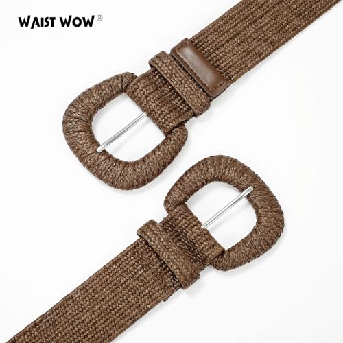 Image of Straw Woven Elastic Belt for Women Stretchy Belts for Dress Fashion Boho Waist Belt Rattan Raffia Ladies Belts