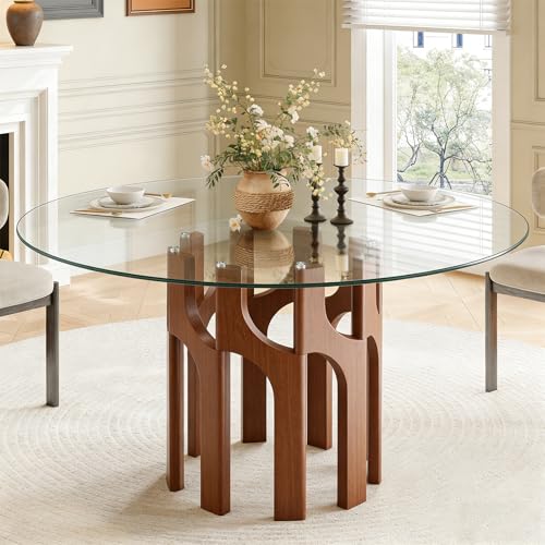 Round Glass Dining Table for 4-6 Modern 46-Inch Kitchen Table with Sturdy Pedestal Base & Clear Tempered Glass Top Circle Dinner Table for Dining Room Living Room & Small Apartment (Walnut)