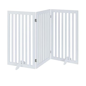 unipaws Freestanding Wooden Dog Gate, Foldable Pet Gate with 2Pcs Support Feet Dog Barrier Indoor Pet Gate Panels for Stairs, White (3 Panels, 20 inches Wide, 36 inches High)