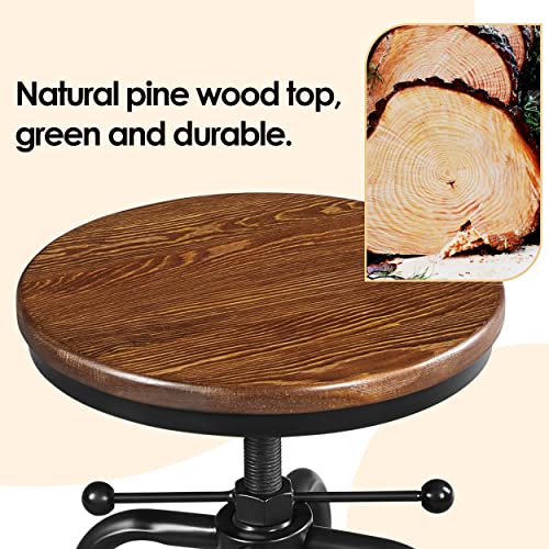 Yaheetech Industrial Bar Stool Vintage Counter Stool Rustic Counter Height Bar Stool Adjustable Metal Stool With Round Wood Seat Kitchen/Dining/Cafe Chair 20-27 Inch Tall, Brown, 1Pcs #TOP5