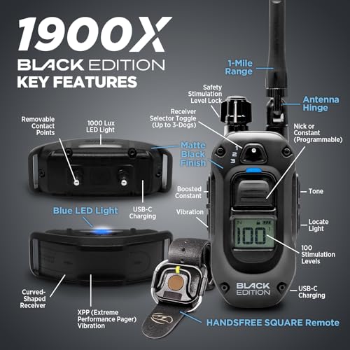 Image of Dogtra 1900X Black Edition E-Collar - 1 Mile Range, Dogs 45 lbs+, IPX9K Waterproof, 100 Stimulation Levels, Vibration, Tone, Rechargeable - Ideal for Dog Owners and Professional Trainers
