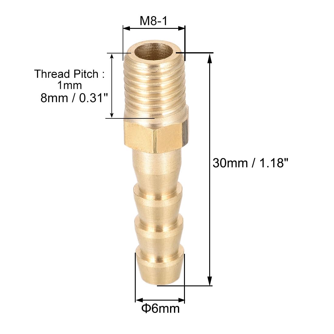 sourcing map Raccord Cannelé Tuyau Laiton Connecteur Métrique Mâle à Barbelé 6mm x M8 x 1 2Pcs