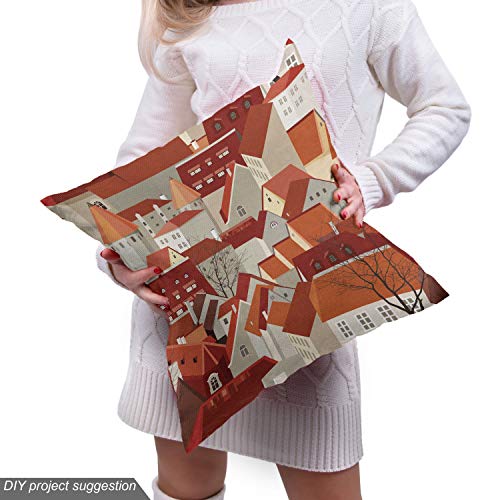 Image of Ambesonne City Fabric by The Yard, Landscape Illustration with Tile Roof Pattern Urban Architecture Ornamental Design, Decorative Fabric for Upholstery and Home Accents, 2 Yards, Burgundy Cinnamon