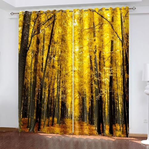 ANAZOZ Cortinas Salón con Ollaos,2 x 152W x 214H CM,Cortina Opaca Termica Aislante 2 Paneles Paisaje Forestal de Otoño Cortinas de Cocina Ventana Amarillo