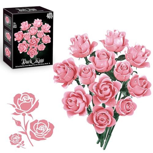 kiothdre Pink Roses Bouquet Building Set Artificial Flowers Botanical Collection Blocks Kit DIY Fake Roses for Adults Women Valentines & Mothers Day Girlfriend Gifts - Home Decor