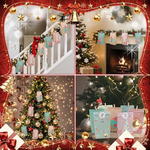DXiongW 24 Stück Adventskalender zum Befüllen Tüten DIY Geschenktüten 21x17 cm Adventskalender Kraftpapiertüten mit Zahlenaufkleber und Klammern Adventstüten zum Basteln für Kinder Weihnachtskalender