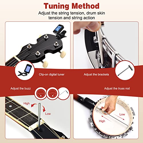COSTWAY 5-string Banjo, 39 Inch Open/Closed Back Banjos Kit with 24 Bracket Remo Head, Digital Tuner, Spare Strings, Gig Bag, Picks, Strap & Wiper - Image 6
