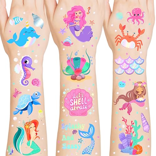 Metallic Mermaid Temporary Tattoos Under the Sea Tattoos Stickers Mermaid Party Favors Sea Themed Birthday Birthday Decoration Party Accessories Cute Gifts for Kids Adults