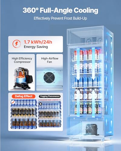 Image of VEVOR Commercial Merchandiser Refrigerator, 9.6 Cu.Ft / 273 L Glass Door Display Refrigerator, Upright Beverage Cooler with Customizable Lightbox, 4 Adjustable Shelves & Soft LED Light for Homes Shops
