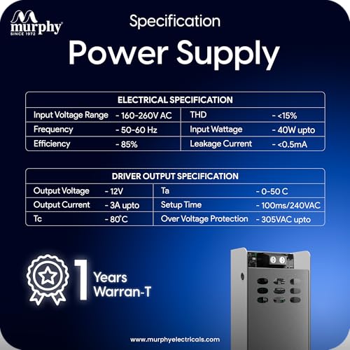 Image of Murphy 3A 12V DC LED Driver (SMPS) | Constant Voltage Power Supply for Indoor LED Strip Lights | Aluminium Body | BIS Approved | Pack of 1 (1-Year Warranty)