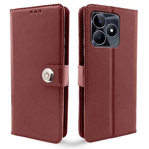 Image of Pikkme Realme Narzo N53 Flip Cover Leather Finish | Inside TPU with Card Pockets | Wallet Stand and Shock Proof | Complete Protection Button Flip Case (Brown)