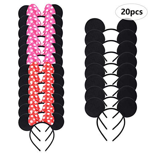 Valoin Beeager 20 pcs Mickey Minnie Mouse Ears Solid Black Pink and Red Bow Headband for Boys and Girls (Black Pink and Red)