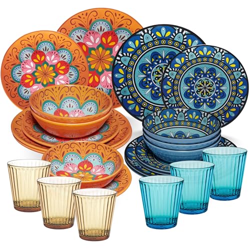 Service de table en mélamine Toscane pastel pour 6 personnes – 24 pièces – Aspect mandala avec verres assortis 360 ml en acrylique Vaisselle de camping caravane camping